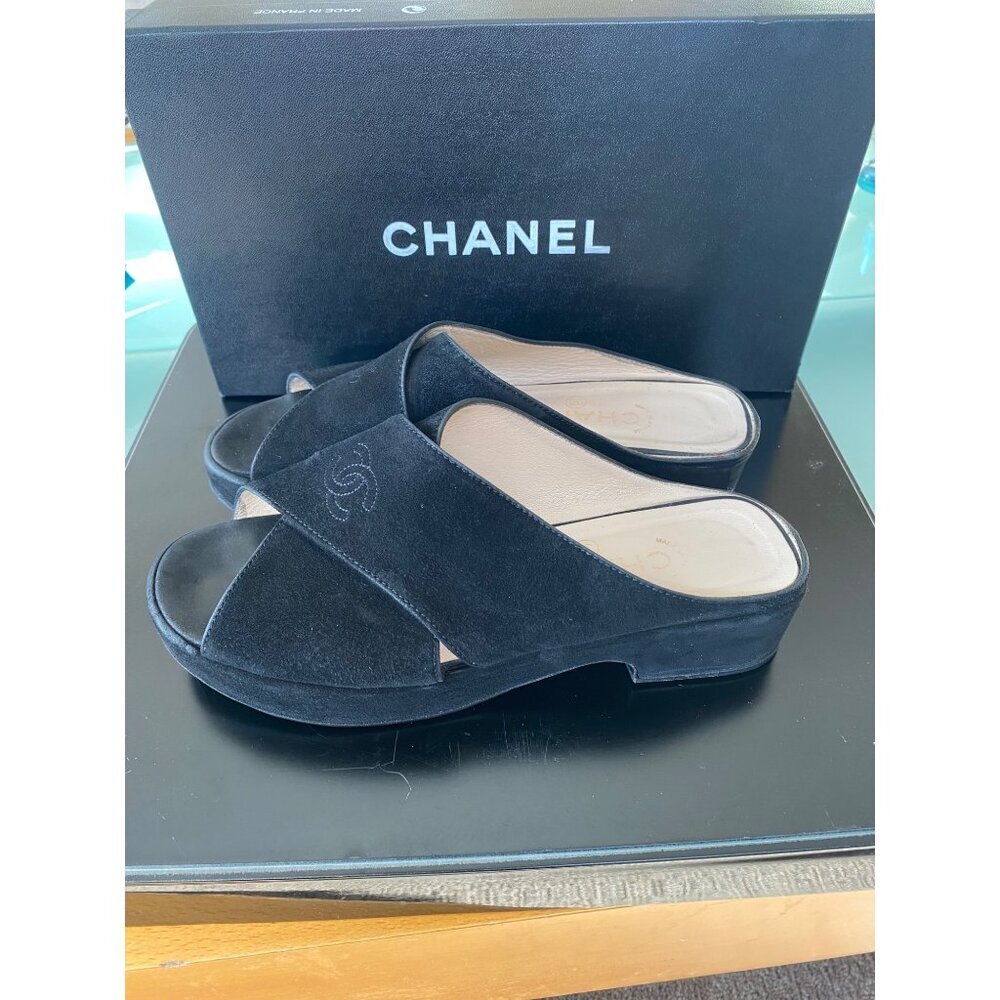 Chanel Women's Black Suede & Leather Slip-On Sandals-LT3005